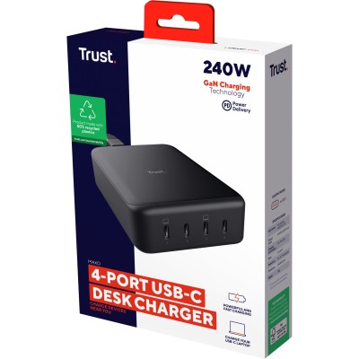 Зарядний пристрій мережевий Trust Maxo 240Вт,GaN, 4xUSB-C,PD, чорний Зарядний пристрій мережевий Trust Maxo 240Вт,GaN, 4xUSB-C,PD, чорний