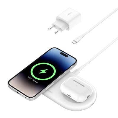 Зарядний пристрій бездротовий Belkin 2в1 15Вт Pad Qi2, білий (WIZ021VFWH) Зарядний пристрій бездротовий Belkin 2в1 15Вт Pad Qi2, білий (WIZ021VFWH)