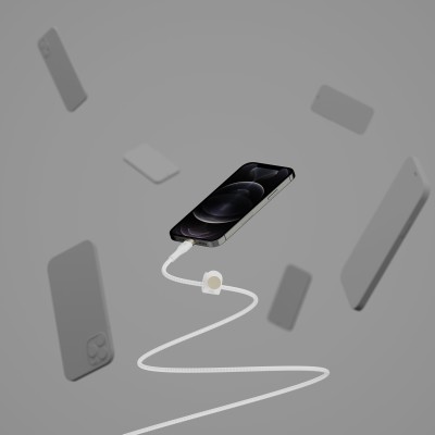 Кабель USB-C > Lightning заряджання/синхронізації Belkin 1м, Type-C, плетений, силіконовий, з ремінцем на магніті, білий (CAA011
