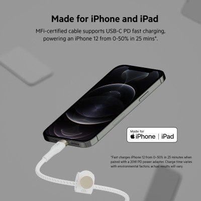 Кабель USB-C > Lightning заряджання/синхронізації Belkin 1м, Type-C, плетений, силіконовий, з ремінцем на магніті, білий (CAA011
