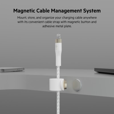Кабель USB-C > Lightning заряджання/синхронізації Belkin 1м, Type-C, плетений, силіконовий, з ремінцем на магніті, білий (CAA011
