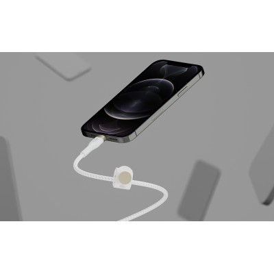 Кабель USB-C > Lightning заряджання/синхронізації Belkin 1м, Type-C, плетений, силіконовий, з ремінцем на магніті, білий (CAA011