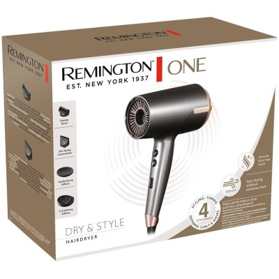 Фен Remington One, 2000Вт, 8 режимів, дифузор,чохол,іоніз-я, хол. обдув, термо-сенсор, сірий (D6077) Фен Remington One, 2000Вт, 8 режимів, дифузор,чохол,іоніз-я, хол. обдув, термо-сенсор, сірий (D6077)