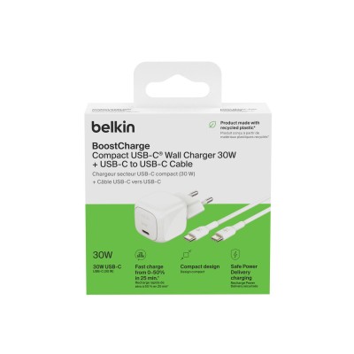 Зарядний пристрій мережевий Belkin 30Вт USB-С PD PPS, кабель USB-С > USB-C, 1м, PVC, білий Зарядний пристрій мережевий Belkin 30Вт USB-С PD PPS, кабель USB-С > USB-C, 1м, PVC, білий