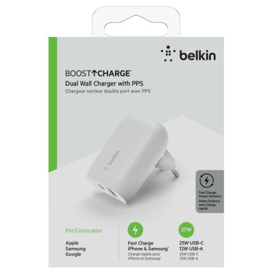 Зарядний пристрій мережевий Belkin 37Вт USB-C PD PPS 25Вт, USB-A 12Вт, білий Зарядний пристрій мережевий Belkin 37Вт USB-C PD PPS 25Вт, USB-A 12Вт, білий