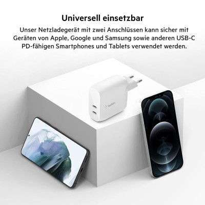 Зарядний пристрій мережевий Belkin 40Вт 2хUSB-С PD, білий Зарядний пристрій мережевий Belkin 40Вт 2хUSB-С PD, білий