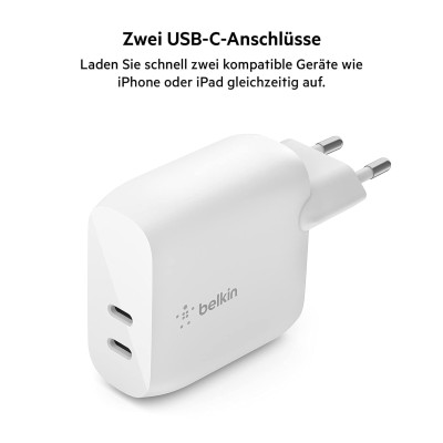 Зарядний пристрій мережевий Belkin 40Вт 2хUSB-С PD, білий Зарядний пристрій мережевий Belkin 40Вт 2хUSB-С PD, білий