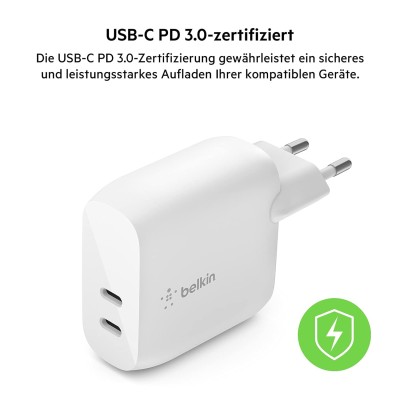 Зарядний пристрій мережевий Belkin 40Вт 2хUSB-С PD, білий Зарядний пристрій мережевий Belkin 40Вт 2хUSB-С PD, білий