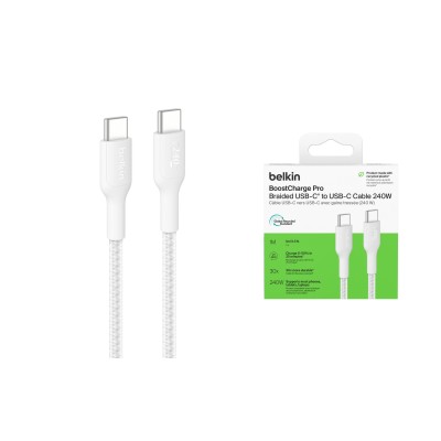Кабель USB-C > USB-C заряджання/синхронізації Belkin 1м, 240Вт, Type-C, плетений, білий (CAB025HQ1MWH)