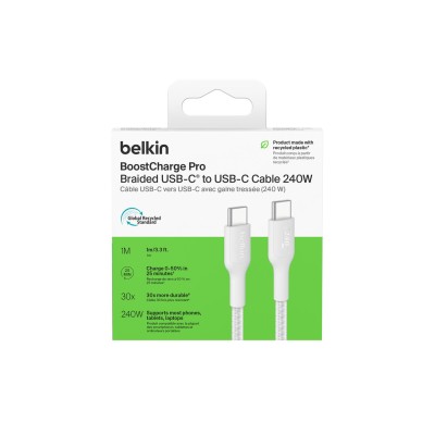 Кабель USB-C > USB-C заряджання/синхронізації Belkin 1м, 240Вт, Type-C, плетений, білий (CAB025HQ1MWH)