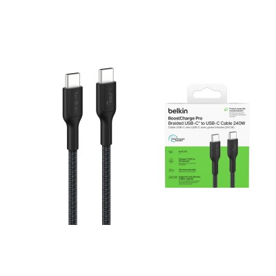 Кабель USB-C > USB-C заряджання/синхронізації Belkin 1м, 240Вт, Type-C, плетений, чорний (CAB025HQ1MBK)