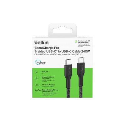 Кабель USB-C > USB-C заряджання/синхронізації Belkin 1м, 240Вт, Type-C, плетений, чорний (CAB025HQ1MBK)