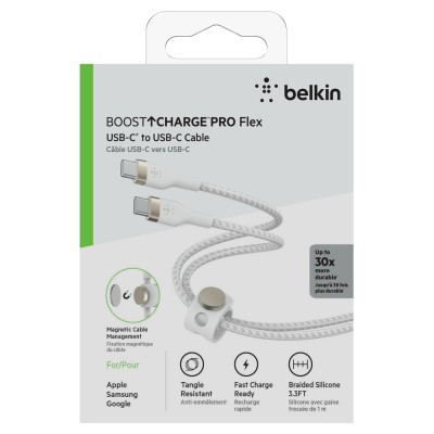 Кабель USB-C > USB-C заряджання/синхронізації Belkin 1м, 60Вт, Type-C, плетений, силіконовий, з ремінцем на магніті, білий (CAB0 Кабель USB-C > USB-C заряджання/синхронізації Belkin 1м, 60Вт, Type-C, плетений, силіконовий, з ремінцем на магніті, білий (CAB0
