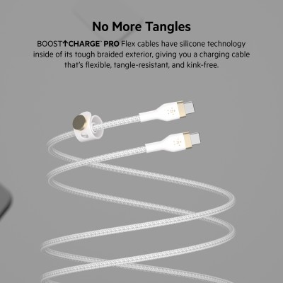 Кабель USB-C > USB-C заряджання/синхронізації Belkin 1м, 60Вт, Type-C, плетений, силіконовий, з ремінцем на магніті, білий (CAB0 Кабель USB-C > USB-C заряджання/синхронізації Belkin 1м, 60Вт, Type-C, плетений, силіконовий, з ремінцем на магніті, білий (CAB0