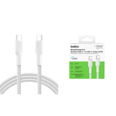 Кабель USB-C > USB-C заряджання/синхронізації Belkin 2м, 240Вт, Type-C, плетений, білий (CAB025HQ2MWH)