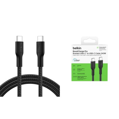 Кабель USB-C > USB-C заряджання/синхронізації Belkin 2м, 240Вт, Type-C, плетений, чорний (CAB025HQ2MBK)