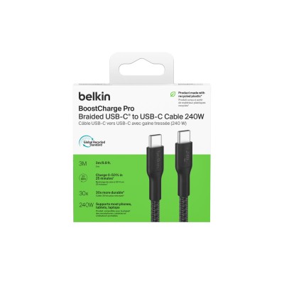 Кабель USB-C > USB-C заряджання/синхронізації Belkin 3м, 240Вт, Type-C, плетений, чорний (CAB025HQ3MBK)