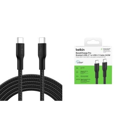 Кабель USB-C > USB-C заряджання/синхронізації Belkin 3м, 240Вт, Type-C, плетений, чорний (CAB025HQ3MBK)