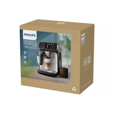 Кавомашина Philips Series 4400 LatteGo, 1.8л, зерно+мелена, автомат.капуч, дисплей, авторецептів -12, біло-срібна (EP4443/70)