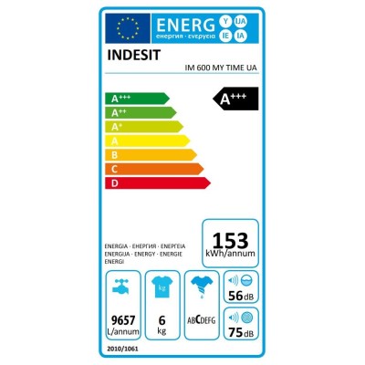 Пральна машина Indesit фронтальна, 6кг, 1000, A+++, 44.6см, дисплей, пара, інвертор, білий (IM600MYTIMEUA)