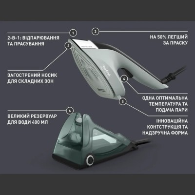 Відпарювач Tefal компактний Duo Power 2в1, 1700Вт, 400мл, паровий удар -180гр, постійна пара - 25гр, керам. підошва, світло-зеле Відпарювач Tefal компактний Duo Power 2в1, 1700Вт, 400мл, паровий удар -180гр, постійна пара - 25гр, керам. підошва, світло-зеле